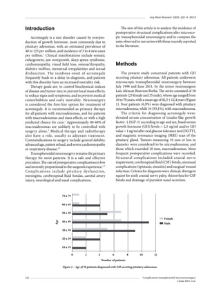 Arq Bras Neurocir 32(4): 221-4, 2013

Introduction
Acromegaly is a rare disorder caused by overpro­
duction of growth hormone, most commonly due to
pituitary adenomas, with an estimated prevalence of
40 to 125 per million, and incidence of 3 to 4 new cases
per million.1 Clinical manifestations include somatic
enlargement, jaw overgrowth, sleep apnea syndrome,
cardiomyopathy, visual field loss, osteoarthropathy,
diabetes mellitus, menstrual irregularities and sexual
dysfunction. The insidious onset of acromegaly
frequently leads to a delay in diagnosis, and patients
with this disorder have an increased mortality risk.
Therapy goals are: to control biochemical indices
of disease and tumor size; to prevent local mass effects;
to reduce signs and symptoms; and to prevent medical
comorbidities and early mortality. Neurosurgery
is considered the first-line option for treatment of
acromegaly. It is recommended as primary therapy
for all patients with microadenomas, and for patients
with macroadenomas and mass effects, or with a high
predicted chance for cure.1 Approximately 40-60% of
macroadenomas are unlikely to be controlled with
surgery alone.2 Medical therapy and radiotherapy
also have a role, usually as adjuvant treatment.
Contraindications to surgery include general debility,
advanced age, patient refusal, and severe cardiomyopathy
or respiratory disease.2,3
Transsphenoidal neurosurgery remains the primary
therapy for most patients. It is a safe and effective
procedure. The rate of postoperative complications is low
and inversely proportional to the surgeon’s experience.1-5
Complications include pituitar y dysfunction,
meningitis, cerebrospinal fluid fistulas, carotid artery
injury, neurological and nasal complications.

The aim of this article is to analyze the incidence of
postoperative structural complications after microscopic transsphenoidal neurosurgery and to compare the
rates observed in our series with those recently reported
in the literature.

Methods
The present study concerned patients with GH
secreting pituitary adenomas. All patients underwent
microscopic transsphenoidal neurosurgery between
July 1998 and June 2011, by the senior neurosurgeon
Luis Alencar Biurrum Borba. The series consisted of 58
patients (23 female and 35 male), whose age ranged from
10 to 70 years, with a mean age of 42,5 ± 12,4 years (Figure
1). Four patients (6,9%) were diagnosed with pituitary
microadenoma, while 54 (93,1%), with macroadenoma.
The criteria for diagnosing acromegaly were:
elevated serum concentration of insulin-like growth
factor- 1 (IGF-1) according to age and sex, basal serum
growth hormone (GH) levels > 2,5 ng/ml and/or GH
value > 1 ng/ml after oral glucose tolerance test (OGTT),
and magnetic resonance imaging (MRI) scan of the
pituitary gland. Tumors measuring 10 mm or less in
diameter were considered to be microadenomas, and
those which exceeded 10 mm, macroadenomas. Most
frequent postoperative complications were recorded.
Structural complications included cranial nerve
impairment, cerebrospinal fluid (CSF) fistula, sinonasal
complications (epistaxis, sinusitis) and surgical wound
infection. Criteria for diagnosis were clinical: divergent
squint for sixth cranial nerve palsy, rhinorrhea for CSF
fistula and drainage of purulent nasal secretion.

70 a 79
60 a 69

Age

50 a 59
Female

40 a 49

Male

30 a 39
20 a 29
10 a 19
0	 2	 4	 6	 8	10	12
Number of patients
Figure 1 – Age of 58 patients diagnosed with GH secreting pituitary adenomas.
222

Complications transsphenoidal microneurosurgery
Cunha MLV et al.

 