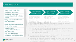 CASE FOR CICD
3
Produce automated
builds and detect
errors as soon as
possible, by
integrating and
testing all changes
on a regular (daily)
basis.
High frequency
delivery of a
tested functional
piece of software
that can be
deployed to
production rapidly.
Fully automated
process including
deployment to
production without
human interaction.
Continuous
Integration
Continuous
Deployment
Continuous
Delivery
Many manual handovers
and approvals
Long lead time for
software delivery
Software quality
issues found at a late
stage
Code merging happening
at a late stage
Inefficient
cooperation between
DEV and OPS
Big non-frequent
releases to Production
 It is not only about tooling but mainly mindset & behavior, a
changed Way of Working and process improvements.
• Increase maturity of teams
• Set up the conditions (tooling, pipelines, generic building
blocks) for the teams to get working.
• Train the blocks on applying the right mindset, knowledge
and appropriate tooling
 We know other large companies which need 3 - 8 years, and
changed their approach along the way.
 Therefore we keep the overall stages in mind, but plan for the
coming three months. Focus on learning and improving instead
of long term planning.
 