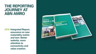 THE REPORTING
JOURNEY AT
ABN AMRO
2016: 	Integrated Report,
assurance on new
materiality matrix
and text. Better
website, more
attention to 			
connectivity and
value creation.
 