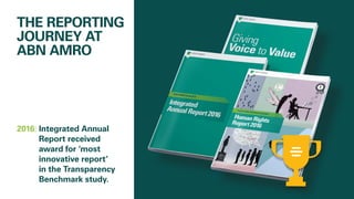 THE REPORTING
JOURNEY AT
ABN AMRO
2016: 	Integrated Annual
Report received
award for ‘most
innovative report’
in the Transparency
Benchmark study.
 