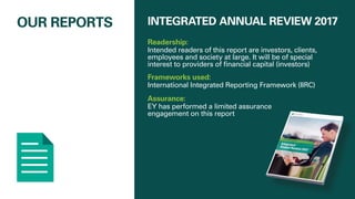 OUR REPORTS INTEGRATED ANNUAL REVIEW 2017
Readership:
Intended readers of this report are investors, clients,
employees and society at large. It will be of special
interest to providers of financial capital (investors)
Frameworks used:
International Integrated Reporting Framework (IIRC)
Assurance:
EY has performed a limited assurance
engagement on this report
 