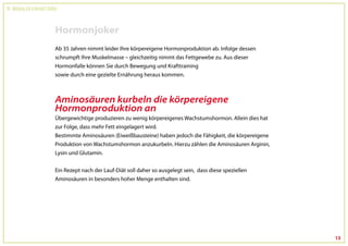 Dr. Wolfgang Feil & Herbert Steffny



                                 Hormonjoker
                                 Ab 35 Jahren nimmt leider Ihre körpereigene Hormonproduktion ab. Infolge dessen
                                 schrumpft Ihre Muskelmasse – gleichzeitig nimmt das Fettgewebe zu. Aus dieser
                                 Hormonfalle können Sie durch Bewegung und Krafttraining
                                 sowie durch eine gezielte Ernährung heraus kommen.



                                 Aminosäuren kurbeln die körpereigene
                                 Hormonproduktion an
                                 Übergewichtige produzieren zu wenig körpereigenes Wachstumshormon. Allein dies hat
                                 zur Folge, dass mehr Fett eingelagert wird.
                                 Bestimmte Aminosäuren (Eiweißbausteine) haben jedoch die Fähigkeit, die körpereigene
                                 Produktion von Wachstumshormon anzukurbeln. Hierzu zählen die Aminosäuren Arginin,
                                 Lysin und Glutamin.


                                 Ein Rezept nach der Lauf-Diät soll daher so ausgelegt sein, dass diese speziellen
                                 Aminosäuren in besonders hoher Menge enthalten sind.




                                                                                                                        13
 