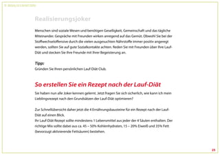 Dr. Wolfgang Feil & Herbert Steffny



                                 Realisierungsjoker
                                 Menschen sind soziale Wesen und benötigen Geselligkeit, Gemeinschaft und das tägliche
                                 Miteinander. Gespräche mit Freunden wirken anregend auf das Gemüt. Obwohl Sie bei der
                                 Stoffwechseloffensive durch die vielen ausgesuchten Nährstoffe immer positiv angeregt
                                 werden, sollten Sie auf gute Sozialkontakte achten. Reden Sie mit Freunden über Ihre Lauf-
                                 Diät und stecken Sie Ihre Freunde mit Ihrer Begeisterung an.


                                 Tipp:
                                 Gründen Sie Ihren persönlichen Lauf-Diät Club.



                                 So erstellen Sie ein Rezept nach der Lauf-Diät
                                 Sie haben nun alle Joker kennen gelernt. Jetzt fragen Sie sich sicherlich, wie kann ich mein
                                 Lieblingsrezept nach den Grundsätzen der Lauf-Diät optimieren?


                                 Zur Schnellübersicht daher jetzt die 4 Ernährungsbausteine für ein Rezept nach der Lauf-
                                 Diät auf einen Blick.
                                 Ihr Lauf-Diät Rezept sollte mindestens 1 Lebensmittel aus jeder der 4 Säulen enthalten. Der
                                 richtige Mix sollte dabei aus ca. 45 – 50% Kohlenhydraten, 15 – 20% Eiweiß und 35% Fett
                                 (bevorzugt aktivierende Fettsäuren) bestehen.




                                                                                                                                25
 