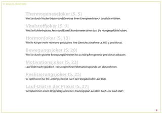 Dr. Wolfgang Feil & Herbert Steffny



                                 Thermogenesejoker (S. 5)
                                 Wie Sie durch frische Kräuter und Gewürze Ihren Energieverbrauch deutlich erhöhen.


                                 Vitalstoffjoker (S. 9)
                                 Wie Sie Kohlenhydrate, Fette und Eiweiß kombinieren ohne dass Sie Hungergefühle haben.


                                 Hormonjoker (S. 13)
                                 Wie Ihr Körper mehr Hormone produziert. Ihre Gewichtsabnahme ca. 600 g pro Monat.


                                 Bewegungsjoker (S. 20)
                                 Wie Sie durch gezielte Bewegungseinheiten bis zu 600 g Fettgewebe pro Monat abbauen.


                                 Motivationsjoker (S. 23)
                                 Lauf-Diät macht glücklich - wir zeigen Ihnen Motivationsgründe um abzunehmen.


                                 Realisierungsjoker (S. 25)
                                 So optimieren Sie Ihr Lieblings-Rezept nach den Vorgaben der Lauf-Diät.


                                 Lauf-Diät in der Praxis (S. 27)
                                 Sie bekommen einen Originaltag und einen Trainingsplan aus dem Buch „Die Lauf-Diät“.




                                                                                                                          3
 
