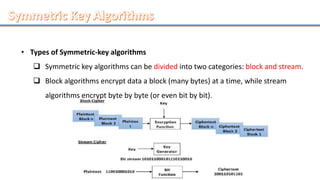 • Types of Symmetric-key algorithms
 Symmetric key algorithms can be divided into two categories: block and stream.
 Block algorithms encrypt data a block (many bytes) at a time, while stream
algorithms encrypt byte by byte (or even bit by bit).
 
