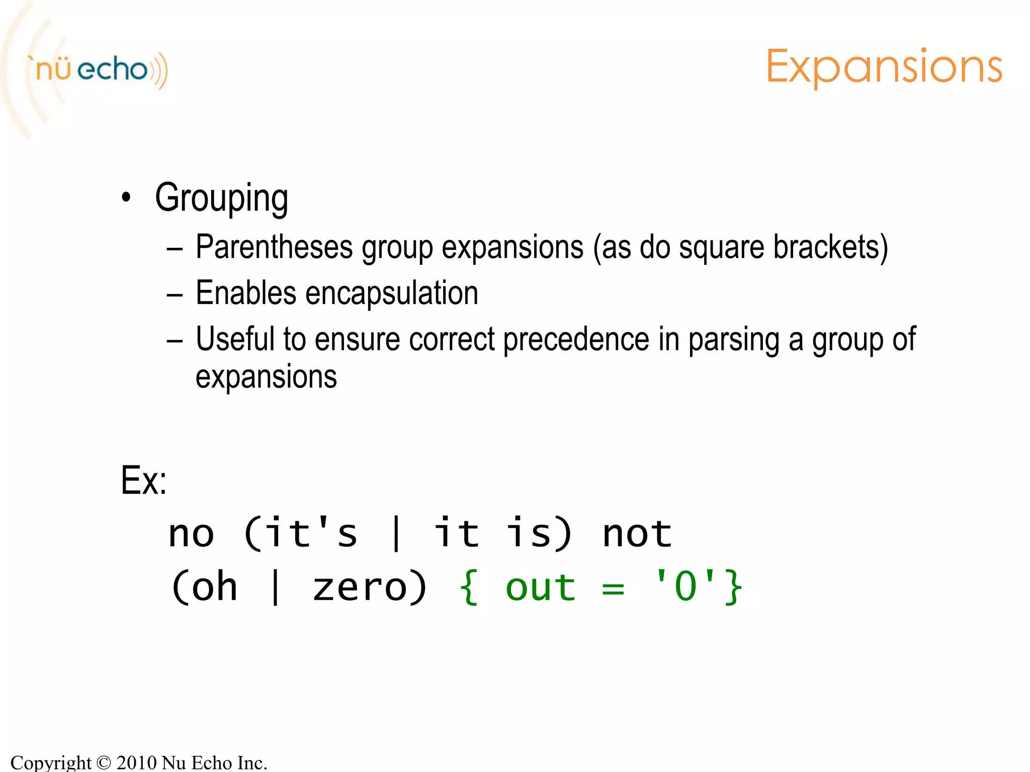 Languages codes defined by RFC 3066Ex:language en;language fr-CA;Copyright © 2010 Nu Echo Inc.