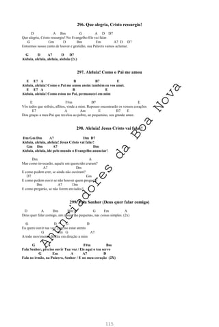 115
296. Que alegria, Cristo ressurgiu!
D A Bm G A D D7
Que alegria, Cristo ressurgiu! No Evangelho Ele vai falar.
G Gm D Bm Em A7 D D7
Entoemos nosso canto de louvor e gratidão, sua Palavra vamos aclamar.
G D A7 D D7
Aleluia, aleluia, aleluia, aleluia (2x)
297. Aleluia! Como o Pai me amou
E E7 A B B7 E
Aleluia, aleluia! Como o Pai me amou assim também eu vos amei.
E E7 A B E
Aleluia, aleluia! Como estou no Pai, permanecei em mim
E F#m B7 E
Vós todos que sofreis, aflitos, vinde a mim. Repouso encontrarão os vossos corações
E7 A Am E B7 E
Dou graças a meu Pai que revelou ao pobre, ao pequenino, seu grande amor.
298. Aleluia! Jesus Cristo vai falar!
Dm Gm Dm A7 Dm D7
Aleluia, aleluia, aleluia! Jesus Cristo vai falar!
Gm Dm A7 Dm
Aleluia, aleluia, ide pelo mundo o Evangelho anunciar!
Dm A
Mas como invocarão, aquele em quem não creram?
A7 Dm
E como podem crer, se ainda não ouviram?
D7 Gm
E como podem ouvir se não houver quem pregue?
Dm A7 Dm
E como pregarão, se não forem enviados?
299. Fala Senhor (Deus quer falar comigo)
D A Bm Bm/A G Em A
Deus quer falar comigo, em coisas tão pequenas, nas coisas simples. (2x)
G D G D
Eu quero ouvir tua voz, preciso estar atento
G Em G A7
A todo movimento do céu em direção a mim
G A F#m Bm
Fala Senhor, preciso ouvir Tua voz / Eis aqui o teu servo
G Em A A7 D
Fala no irmão, na Palavra, Senhor / E no meu coração (2X)
A
n
u
n
c
i
a
d
o
r
e
s
d
a
B
o
a
N
o
v
a
 