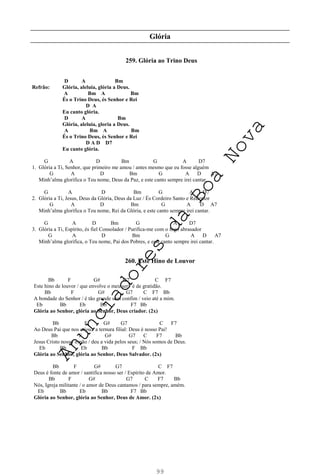 99
Glória
259. Glória ao Trino Deus
D A Bm
Refrão: Glória, aleluia, glória a Deus.
A Bm A Bm
És o Trino Deus, és Senhor e Rei
D A
Eu canto glória.
D A Bm
Glória, aleluia, gloria a Deus.
A Bm A Bm
És o Trino Deus, és Senhor e Rei
D A D D7
Eu canto glória.
G A D Bm G A D7
1. Glória a Ti, Senhor, que primeiro me amou / antes mesmo que eu fosse alguém
G A D Bm G A D A7
Minh’alma glorifica o Teu nome, Deus da Paz, e este canto sempre irei cantar.
G A D Bm G A D7
2. Glória a Ti, Jesus, Deus da Glória, Deus da Luz / És Cordeiro Santo e Redentor
G A D Bm G A D A7
Minh’alma glorifica o Teu nome, Rei da Glória, e este canto sempre irei cantar.
G A D Bm G A D7
3. Glória a Ti, Espírito, és fiel Consolador / Purifica-me com o fogo abrasador
G A D Bm G A D A7
Minh’alma glorifica, o Teu nome, Pai dos Pobres, e este canto sempre irei cantar.
260. Este Hino de Louvor
Bb F G# G7 C F7
Este hino de louvor / que envolve o meu ser / é de gratidão.
Bb F G# G7 C F7 Bb
A bondade do Senhor / é tão grande sem confim / veio até a mim.
Eb Bb Eb Bb F7 Bb
Glória ao Senhor, glória ao Senhor, Deus criador. (2x)
Bb F G# G7 C F7
Ao Deus Pai que nos criou / a ternura filial: Deus é nosso Pai!
Bb F G# G7 C F7 Bb
Jesus Cristo nosso irmão / deu a vida pelos seus; / Nós somos de Deus.
Eb Bb Eb Bb F Bb
Glória ao Senhor, glória ao Senhor, Deus Salvador. (2x)
Bb F G# G7 C F7
Deus é fonte de amor / santifica nosso ser / Espírito de Amor.
Bb F G# G7 C F7 Bb
Nós, Igreja militante / o amor de Deus cantamos / para sempre, amém.
Eb Bb Eb Bb F7 Bb
Glória ao Senhor, glória ao Senhor, Deus de Amor. (2x)
A
n
u
n
c
i
a
d
o
r
e
s
d
a
B
o
a
N
o
v
a
 