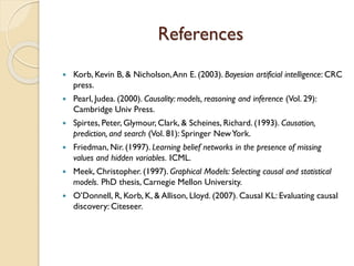 References
? Korb, Kevin B, & Nicholson,Ann E. (2003). Bayesian artificial intelligence: CRC
press.
? Pearl, Judea. (2000). Causality: models, reasoning and inference (Vol. 29):
Cambridge Univ Press.
? Spirtes, Peter, Glymour, Clark, & Scheines, Richard. (1993). Causation,
prediction, and search (Vol. 81): Springer NewYork.
? Friedman, Nir. (1997). Learning belief networks in the presence of missing
values and hidden variables. ICML.
? Meek, Christopher. (1997). Graphical Models: Selecting causal and statistical
models. PhD thesis, Carnegie Mellon University.
? ODonnell, R, Korb, K, & Allison, Lloyd. (2007). Causal KL: Evaluating causal
discovery: Citeseer.
 
