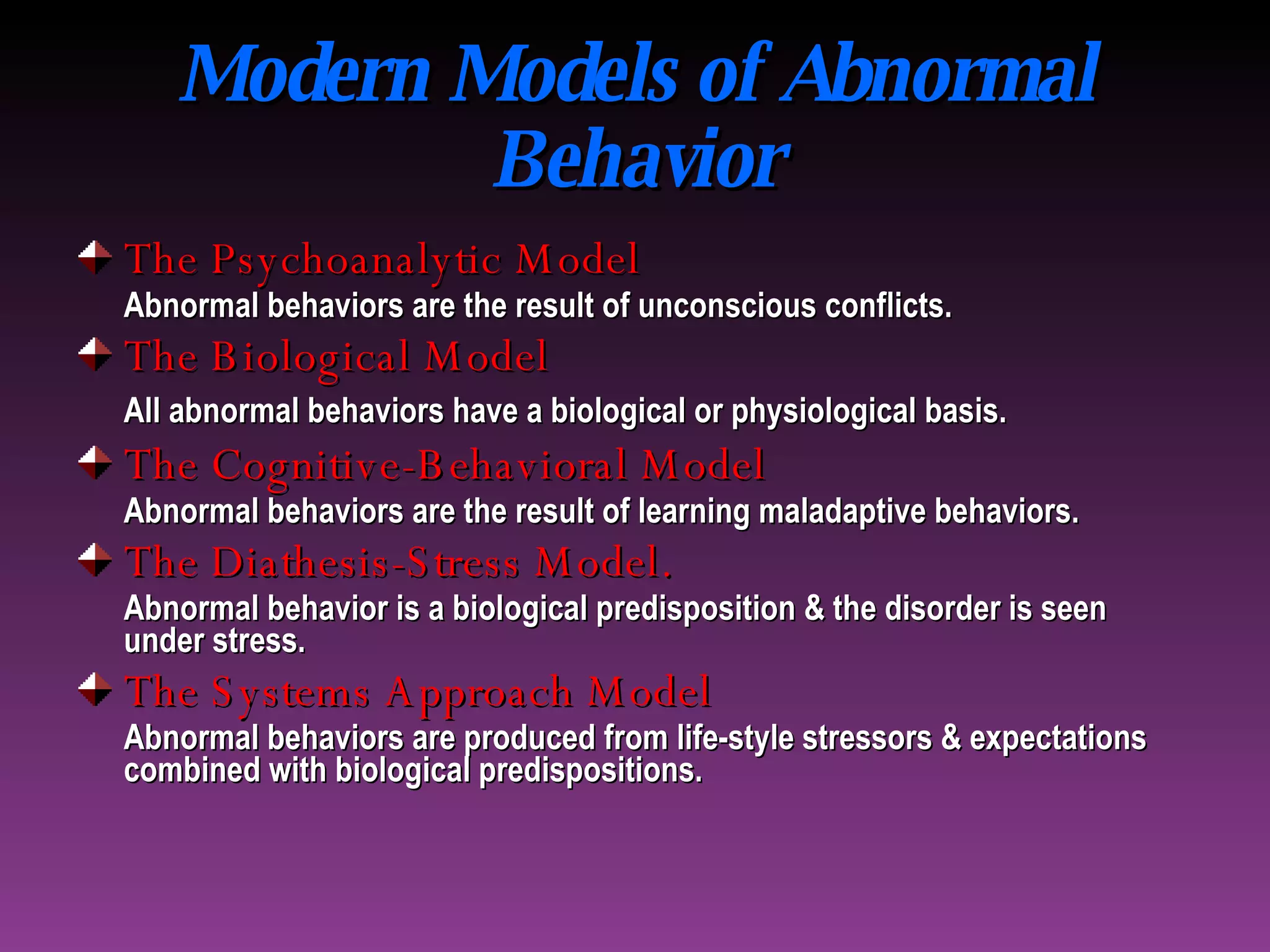 Modern Models of Abnormal Behavior The Psychoanalytic Model Abnormal behaviors are the result of unconscious conflicts. The Biological Model All abnormal behaviors have a biological or physiological basis. The Cognitive-Behavioral Model Abnormal behaviors are the result of learning maladaptive behaviors. The Diathesis-Stress Model. Abnormal behavior is a biological predisposition & the disorder is seen under stress. The Systems Approach Model Abnormal behaviors are produced from life-style stressors & expectations combined with biological predispositions. 