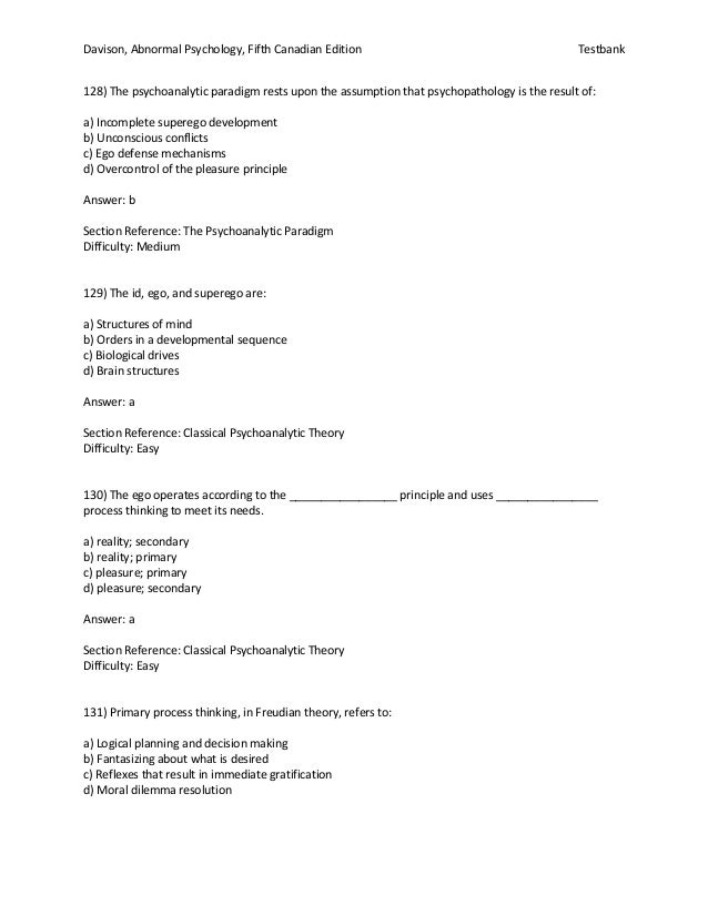 Abnormal Psychology Canadian 5th Edition Davison Test Bank