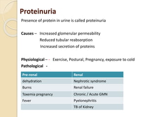 Proteinuria
Presence of protein in urine is called proteinuria
Causes – Increased glomerular permeability
Reduced tubular reabsorption
Increased secretion of proteins
Physiological – - Exercise, Postural, Pregnancy, exposure to cold
Pathological -
Pre-renal Renal
dehydration Nephrotic syndrome
Burns Renal failure
Toxemia pregnancy Chronic / Acute GMN
Fever Pyelonephritis
TB of Kidney
 