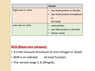 BUN (Blood urea nitrogen):
• It is the measure of amount of urea nitrogen in blood.
• BUN is an indicator of renal function.
• The normal range is 6-20mg/dL.
Causes
High urea in urine • too much protein in thediet
• too much protein breakdown
in
the body
Low urea in urine • malnutrition
• too little protein in thediet
• kidney issues
 