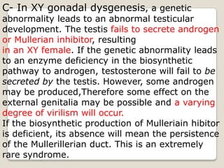 C- In XY gonadaldysgenesis, a genetic abnormality leads to an abnormal testicular development. The testis fails to secrete androgen or Mullerian inhibitor, resultingin an XY female. If the genetic abnormality leadsto an enzyme deficiency in the biosynthetic pathway to androgen, testosterone will fail to be secreted by the testis. However, some androgen may be produced,Therefore some effect on the external genitalia may be possible and a varying degree of virilism will occur.If the biosynthetic production of Mulleriainhibitoris deficient, its absence will mean the persistenceof the Mullerillerian duct. This is an extremely rare syndrome.