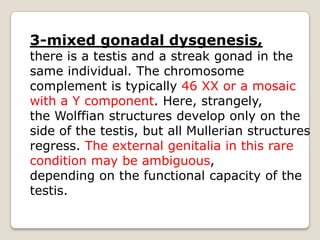 3-mixed gonadaldysgenesis,there is a testis and a streak gonad in the same individual. The chromosome complement is typically 46 XX or a mosaic with a Y component. Here, strangely,the Wolffian structures develop only on the side of the testis, but all Mullerian structures regress. The external genitalia in this rare condition may be ambiguous,depending on the functional capacity of the testis.