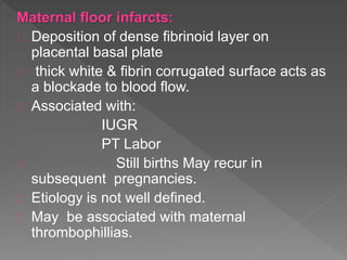 Maternal floor infarcts:
Deposition of dense fibrinoid layer on
placental basal plate
thick white & fibrin corrugated surface acts as
a blockade to blood flow.
Associated with:
IUGR
PT Labor
Still births May recur in
subsequent pregnancies.
Etiology is not well defined.
May be associated with maternal
thrombophillias.
 