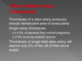 Thrombosis of a stem artery produces
sharply demarcated area of avascularity
Single artery thrombosis
› (+) 4.5% of placenta from normal pregnancy
› (+)10% involving diabetic women
Thrombosis of single fetal stem artery will
deprive only 5% of the villi of their blood
supply
 