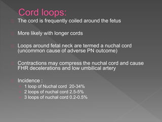 The cord is frequently coiled around the fetus
More likely with longer cords
Loops around fetal neck are termed a nuchal cord
(uncommon cause of adverse PN outcome)
Contractions may compress the nuchal cord and cause
FHR decelerations and low umbilical artery
Incidence :
› 1 loop of Nuchal cord 20-34%
› 2 loops of nuchal cord 2.5-5%
› 3 loops of nuchal cord 0.2-0.5%
 