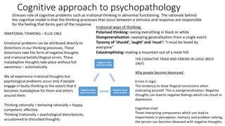 Cognitive approach to psychopathology
Stresses role of cognitive problems such as irrational thinking in abnormal functioning. The rationale behind
the cognitive model is that the thinking processes that occur between a stimulus and response are responsible
for the feeling that forms part of the response.
IRRATIONAL THINKING – ELLIS 1962
Emotional problems can be attributed directly to
distortions in our thinking processes, These
distortions take the form of negative thoughts
and irrational beliefs/illogical errors. These
maladaptive thoughts take place without full
awareness – automatically.
We all experience irrational thoughts but
psychological problems occur only if people
engage in faulty thinking to the extent that it
becomes maladaptive for them and others
around them.
Thinking rationally = behaving rationally = happy,
competent, effective.
Thinking irrationally = psychological disturbances,
accustomed to disturbed thoughts.
Irrational ways of thinking:
Polarised thinking: seeing everything in black or white
Overgeneralisation: sweeping generalisation from a single event
Tyranny of ‘should’, ‘ought’ and ‘must’: “I must be loved by
everyone”
Catastrophising: making a mountain out of a mole hill.
THE COGNITIVE TRIAD AND ERRORS IN LOGIC (BECK
1967)
Why people become depressed:
Errors in logic:
The tendency to draw illogical conclusions when
evaluating yourself. This is overgeneralisation. Negative
thoughts can lead to negative feelings which can result in
depression.
Cognitive triad:
Three interacting components which can lead to
impairments in perception, memory and problem solving,
the person can become obsessed with negative thoughts.
Negative views
about the world
Negative views
about oneself
Negative views
about the future
 