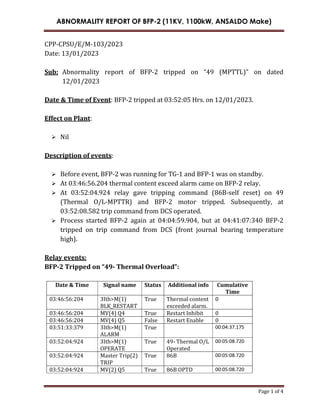 ABNORMALITY REPORT OF BFP-2 (11KV, 1100kW, ANSALDO Make)
Page 1 of 4
CPP-CPSU/E/M-103/2023
Date: 13/01/2023
Sub: Abnormality report of BFP-2 tripped on “49 (MPTTL)” on dated
12/01/2023
Date & Time of Event: BFP-2 tripped at 03:52:05 Hrs. on 12/01/2023.
Effect on Plant:
 Nil
Description of events:
 Before event, BFP-2 was running for TG-1 and BFP-1 was on standby.
 At 03:46:56.204 thermal content exceed alarm came on BFP-2 relay.
 At 03:52:04.924 relay gave tripping command (86B-self reset) on 49
(Thermal O/L-MPTTR) and BFP-2 motor tripped. Subsequently, at
03:52:08.582 trip command from DCS operated.
 Process started BFP-2 again at 04:04:59.904, but at 04:41:07:340 BFP-2
tripped on trip command from DCS (front journal bearing temperature
high).
Relay events:
BFP-2 Tripped on “49- Thermal Overload”:
Date & Time Signal name Status Additional info Cumulative
Time
03:46:56:204 3Ith>M(1)
BLK_RESTART
True Thermal content
exceeded alarm.
0
03:46:56:204 MV(4) Q4 True Restart Inhibit 0
03:46:56:204 MV(4) Q5 False Restart Enable 0
03:51:33:379 3Ith>M(1)
ALARM
True 00:04:37.175
03:52:04:924 3Ith>M(1)
OPERATE
True 49- Thermal O/L
Operated
00:05:08.720
03:52:04:924 Master Trip(2)
TRIP
True 86B 00:05:08.720
03:52:04:924 MV(2) Q5 True 86B OPTD 00:05:08.720
 