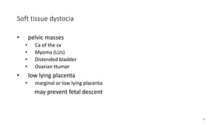 Soft tissue dystocia
• pelvic masses
• Ca of the cx
• Myoma (LUs)
• Distended bladder
• Ovarian ttumor
• low lying placent...