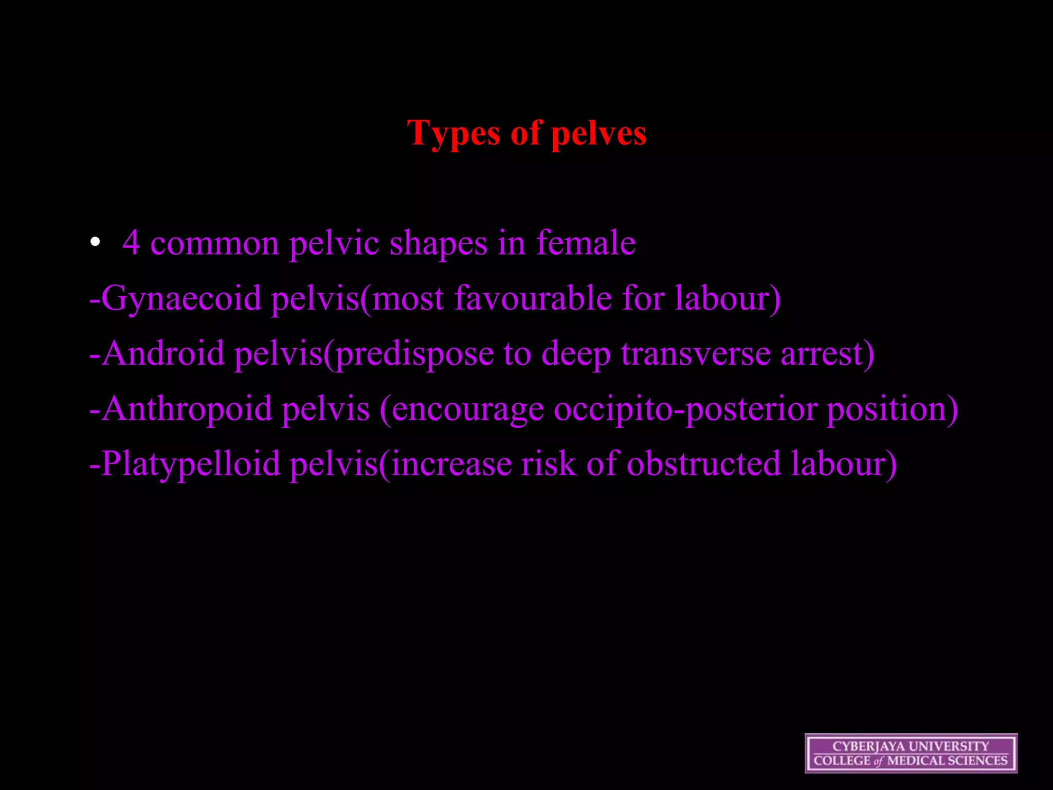 Types of pelves
• 4 common pelvic shapes in female
-Gynaecoid pelvis(most favourable for labour)
-Android pelvis(predispose to deep transverse arrest)
-Anthropoid pelvis (encourage occipito-posterior position)
-Platypelloid pelvis(increase risk of obstructed labour)
 