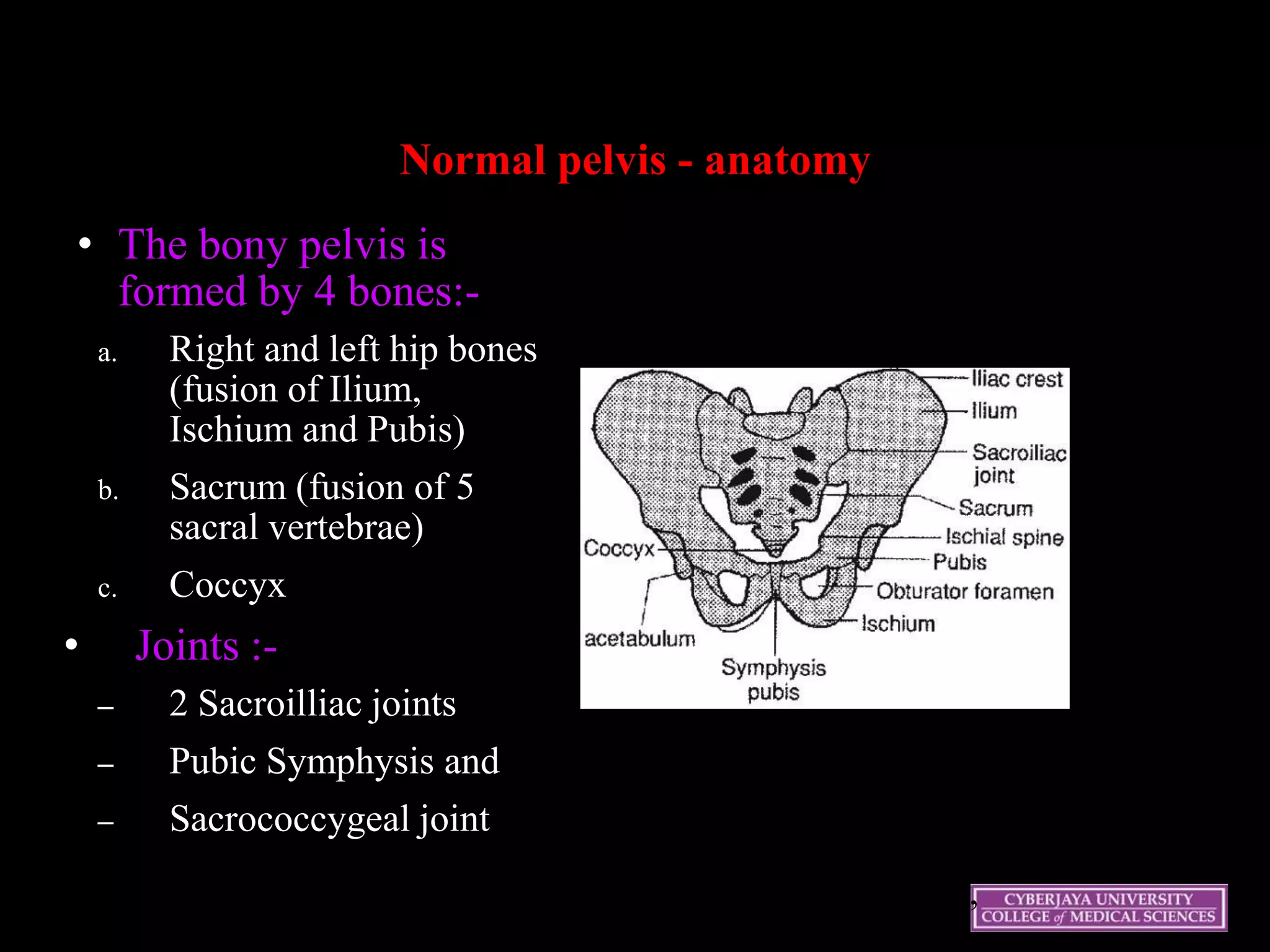 Normal pelvis - anatomy
• The bony pelvis is
formed by 4 bones:-
a. Right and left hip bones
(fusion of Ilium,
Ischium and Pubis)
b. Sacrum (fusion of 5
sacral vertebrae)
c. Coccyx
• Joints :-
– 2 Sacroilliac joints
– Pubic Symphysis and
– Sacrococcygeal joint
Clinically Oriented Anatomy, 5th
Edition, Moore, Keith L.; Dalley,
Arthur F. page 357
 