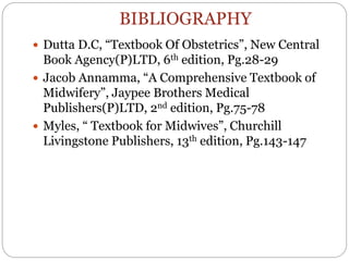BIBLIOGRAPHY
 Dutta D.C, “Textbook Of Obstetrics”, New Central
Book Agency(P)LTD, 6th edition, Pg.28-29
 Jacob Annamma, “A Comprehensive Textbook of
Midwifery”, Jaypee Brothers Medical
Publishers(P)LTD, 2nd edition, Pg.75-78
 Myles, “ Textbook for Midwives”, Churchill
Livingstone Publishers, 13th edition, Pg.143-147
 