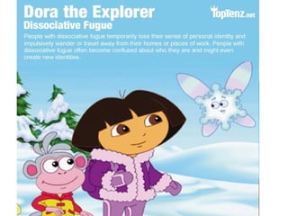 Dissociative Fugue
• People with
psychogenic amnesia
that find themselves
in an unfamiliar
environment.
 