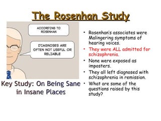 The Rosenhan StudyThe Rosenhan Study
• Rosenhan’s associates were
Malingering symptoms of
hearing voices.
• They were ALL admitted for
schizophrenia.
• None were exposed as
imposters.
• They all left diagnosed with
schizophrenia in remission.
• What are some of the
questions raised by this
study?
 