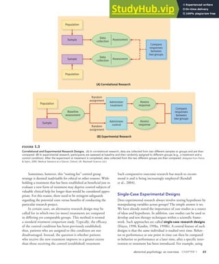 abnormal psychology: an overview CHAPTER 1 23
(A) Correlational Research
Sample
Sample
Data
collection
Assessment
Data
collection
Assessment
Compare
responses
between
two groups
Population
Population
Random
assignment
Random
assignment
(B) Experimental Research
Administer
treatment
Baseline
assessment
Compare
responses
between
two groups
Administer
control
Assess
response
Assess
response
Sample
Population
FIGURE 1.3
Correlational and Experimental Research Designs. (A) In correlational research, data are collected from two different samples or groups and are then
compared. (B) In experimental research, participants are assessed at baseline and then randomly assigned to different groups (e.g., a treatment and a
control condition). After the experiment or treatment is completed, data collected from the two different groups are then compared. (Adapted from Petrie
& Sabin, 2000. Medical Statistics at a Glance. Oxford, UK: Blackwell Science Ltd.)
Sometimes, however, this “waiting list” control group
strategy is deemed inadvisable for ethical or other reasons. With-
holding a treatment that has been established as beneficial just to
evaluate a new form of treatment may deprive control subjects of
valuable clinical help for longer than would be considered appro-
priate. For this reason, there need to be stringent safeguards
regarding the potential costs versus benefits of conducting the
particular research project.
In certain cases, an alternative research design may be
called for in which two (or more) treatments are compared
in differing yet comparable groups. This method is termed
a standard treatment comparison study. Typically, the efficacy
of the control condition has been previously established;
thus, patients who are assigned to this condition are not
disadvantaged. Instead, the question is whether patients
who receive the new treatment improve to a greater extent
than those receiving the control (established) treatment.
Such comparative-outcome research has much to recom-
mend it and is being increasingly employed (Kendall
et al., 2004).
Single-Case Experimental Designs
Does experimental research always involve testing hypotheses by
manipulating variables across groups? The simple answer is no.
We have already noted the importance of case studies as a source
of ideas and hypotheses. In addition, case studies can be used to
develop and test therapy techniques within a scientific frame-
work. Such approaches are called single-case research designs
(Hayes, 1998; Kazdin, 1998a, 1998b). A central feature of such
designs is that the same individual is studied over time. Behav-
ior or performance at one point in time can then be compared
to behavior or performance at a later time, after a specific inter-
vention or treatment has been introduced. For example, using
 