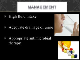  High fluid intake
 Adequate drainage of urine
 Appropriate antimicrobial
therapy.
 