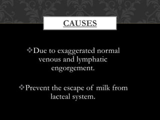 CAUSES
Due to exaggerated normal
venous and lymphatic
engorgement.
Prevent the escape of milk from
lacteal system.
 