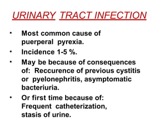 URINARY TRACT INFECTION
• Most common cause of
puerperal pyrexia.
• Incidence 1-5 %.
• May be because of consequences
of: Reccurence of previous cystitis
or pyelonephritis, asymptomatic
bacteriuria.
• Or first time because of:
Frequent catheterization,
stasis of urine.
 