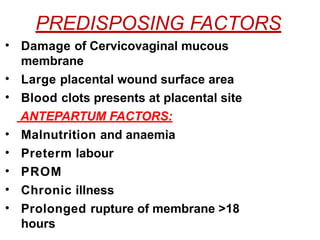 PREDISPOSING FACTORS
• Damage of Cervicovaginal mucous
membrane
• Large placental wound surface area
• Blood clots presents at placental site
ANTEPARTUM FACTORS:
• Malnutrition and anaemia
• Preterm labour
• PROM
• Chronic illness
• Prolonged rupture of membrane >18
hours
 