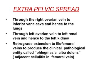 EXTRA PELVIC SPREAD
• Through the right ovarian vein to
inferior vana cava and hence to the
lungs
• Through left ovarian vein to left renal
vein and hence to the left kidney
• Retrograde extension to iliofemoral
veins to produce the clinical pathological
entity called “phlegmasia alba dolens”
( adjacent cellulitis in femoral vein)
 