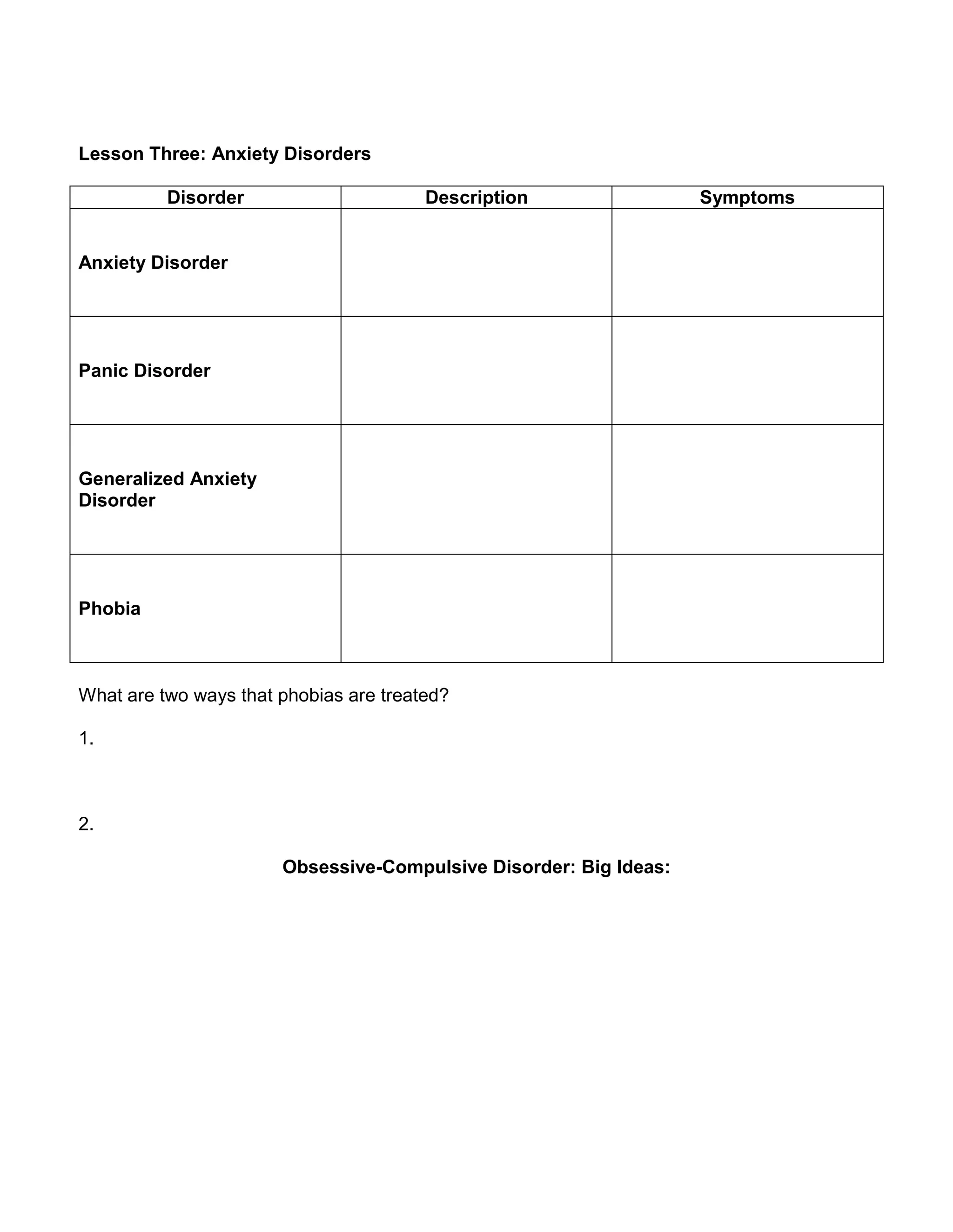 Lesson Three: Anxiety Disorders
Disorder Description Symptoms
Anxiety Disorder
Panic Disorder
Generalized Anxiety
Disorder
Phobia
What are two ways that phobias are treated?
1.
2.
Obsessive-Compulsive Disorder: Big Ideas:
 