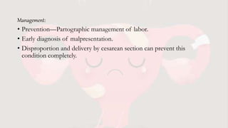 Management:
• Prevention—Partographic management of labor.
• Early diagnosis of malpresentation.
• Disproportion and delivery by cesarean section can prevent this
condition completely.
 