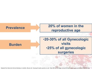 Prevalence 20% of women in the
reproductive age
Burden
•20-30% of all Gynecologic
visits
•25% of all gynecologic
surgeries
Adapted from Abnormal Uterine bleeding in a Healthy 48-year old : Knowing the right questions to ask. Peter HM Van De Weijer accessed at http://mp.peervoice.com/player/23145/51/1#3
 