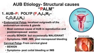 AUB Etiology- Structural causes
“PALM”
1. AUB–P: POLYP (P1A0L0M0–
C0O0E0I0N0)
Endometrial Polyp- localized outgrowth of the
endometrium stroma & glands
• Most common cause of AUB in reproductive and
postmenopausal women
• usually BENIGN but occasionally MALIGNANT
• Symptoms- HMB ,IMB, post menopausal bleeding
Cervical Polyp- From cervical gland
• BENIGN
• Symptoms- post coital bleeding or IMB
Cervical polyp
 