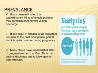 PREVALANCE
 It has been estimated that
approximately 1/3 rd of female patients
may complain of Abnormal vaginal
discharge.
 It can occur in females of all ages,from
neonatal to the post menopausal period
and it is quite common during pregnancy.
 Many clinics have reported that 70%
of pregnant women manifest Abnormal
vaginal discharge due to lower genital
tract infection.
 