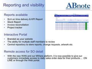 Reporting and visibility

Reports available
•   SLA on time delivery & KPI Report
•   Stock Report
•   Invoice reconciliation
•   Project tracker


Interactive Portal
•   Branded as your website
•   The ability for multiple staff members to review
•   Central repository to store reports, change requests, artwork etc


Remote access for SO detail
•   With the new WAN and our MWare platform, it is now possible to give our
    customers immediate access to daily sales order data for their products… ON
    LINE or through the Web portal.
 