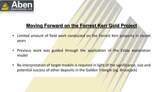 13
Moving Forward on the Forrest Kerr Gold Project
• Limited amount of field work conducted on the Forrest Kerr property in recent
years
• Previous work was guided through the application of the Eskay exploration
model
• Re-interpretation of target models is required in light of the significance, size and
potential success of other deposits in the Golden Triangle (eg. Brucejack)
 