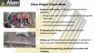 Chico Project Future Work
• Project is drill ready – drilling permits have been
obtained
– Along strike and to depth near previous high grade
intercepts
– Soil/rock geochemical anomalies
– intersecting mineralized vectors
• IP Geophysical surveys to help refine identify
additional targets
• Follow up 2016 geochemical anomalies in context of
new structural interpretation and geophysical data
• Continued prospecting, geochemical surveys and
mapping
 