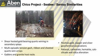 Chico Project - Seabee / Santoy Similarities
• Shear hosted gold bearing quartz veining in
secondary splays
• Multi-episodic tension gash, ribbon and sheeted
quartz vein arrays
• Gabbro and granite host rocks
• Positive gold, copper and silver
geochemical associations
• Potassic, carbonate, hematite, calc-
silicate and silica alteration
 