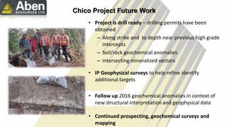 Chico Project Future Work
• Project is drill ready – drilling permits have been
obtained
– Along strike and to depth near previous high grade
intercepts
– Soil/rock geochemical anomalies
– intersecting mineralized vectors
• IP Geophysical surveys to help refine identify
additional targets
• Follow up 2016 geochemical anomalies in context of
new structural interpretation and geophysical data
• Continued prospecting, geochemical surveys and
mapping
 