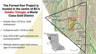 The Forrest Kerr Project is
located in the centre of BC’s
Golden Triangle, a World
Class Gold District
• Greater than 172 M oz Gold
endowment
• 6 deposits with > 10 M oz Gold
• Over 65% of BC’s gold resources are
contained within
• Multiple deposit types with various
ages of mineralization
8 8
 