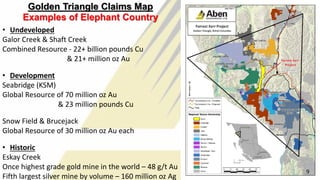 10
Golden Triangle Claims Map
9
Examples of Elephant Country
• Undeveloped
Galor Creek & Shaft Creek
Combined Resource - 22+ billion pounds Cu
& 21+ million oz Au
• Development
Seabridge (KSM)
Global Resource of 70 million oz Au
& 23 million pounds Cu
Snow Field & Brucejack
Global Resource of 30 million oz Au each
• Historic
Eskay Creek
Once highest grade gold mine in the world – 48 g/t Au
Fifth largest silver mine by volume – 160 million oz Ag
 