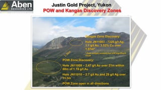 Kangas Zone Discovery:
Hole JN11003 - 7320 g/t Ag,
1.1 g/t Au, 3.52% Cu over
1.07m*
* Poor sample recovery but still significant
result
POW Zone Discovery:
Hole JN11009 – 2.47 g/t Au over 21m within
60m of 1.19 g/t Au
Hole JN11010 – 2.7 g/t Au and 29 g/t Ag over
11.3m
POW Zone open in all directions
Justin Gold Project, Yukon
POW and Kangas Discovery Zones
 