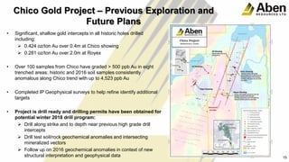 • Significant, shallow gold intercepts in all historic holes drilled
including:
 0.424 oz/ton Au over 0.4m at Chico showing
 0.281 oz/ton Au over 2.0m at Royex
• Over 100 samples from Chico have graded > 500 ppb Au in eight
trenched areas; historic and 2016 soil samples consistently
anomalous along Chico trend with up to 4,523 ppb Au
• Completed IP Geophysical surveys to help refine identify additional
targets
• Project is drill ready and drilling permits have been obtained for
potential winter 2018 drill program:
 Drill along strike and to depth near previous high grade drill
intercepts
 Drill test soil/rock geochemical anomalies and intersecting
mineralized vectors
 Follow up on 2016 geochemical anomalies in context of new
structural interpretation and geophysical data 18
15
Chico Gold Project – Previous Exploration and
Future Plans
 